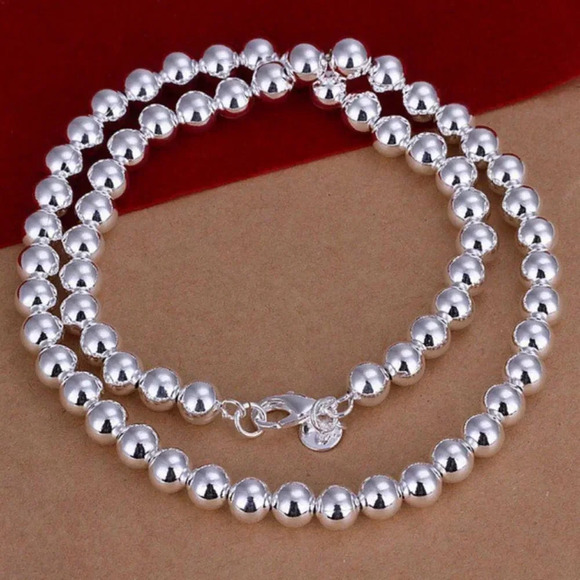 925 Sterling Silver Simple Bead Necklace 8 mm - Picture 3 of 3